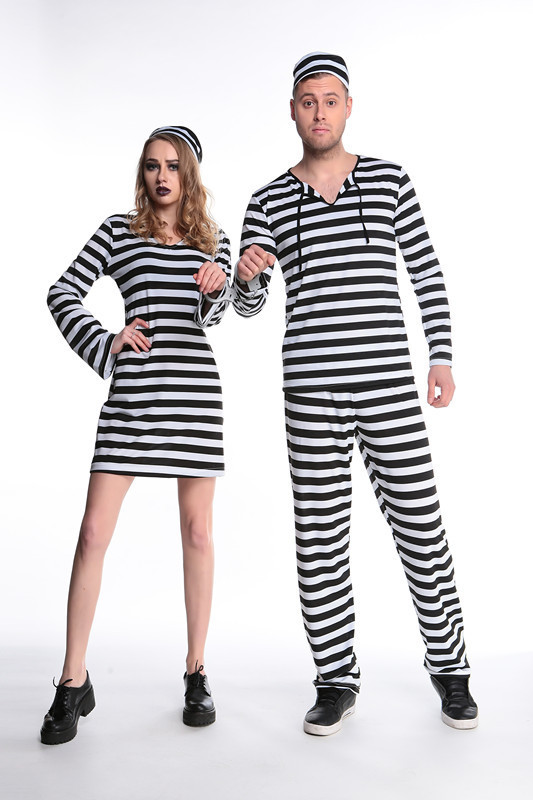 Halloween Costume Adult Couple Striped Long Sleeve Prisoner Costume Novameme