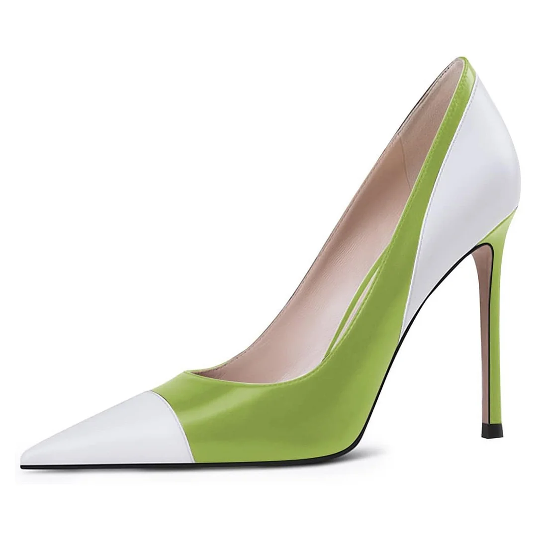 Women's White & Green Pointed Toe Stiletto Heel Slip On Pumps Shoes