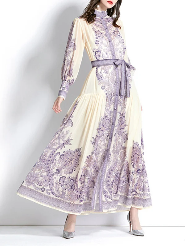 Tied Waist See-Through Printed Puff Sleeves A-line Stand Collar Maxi Dresses