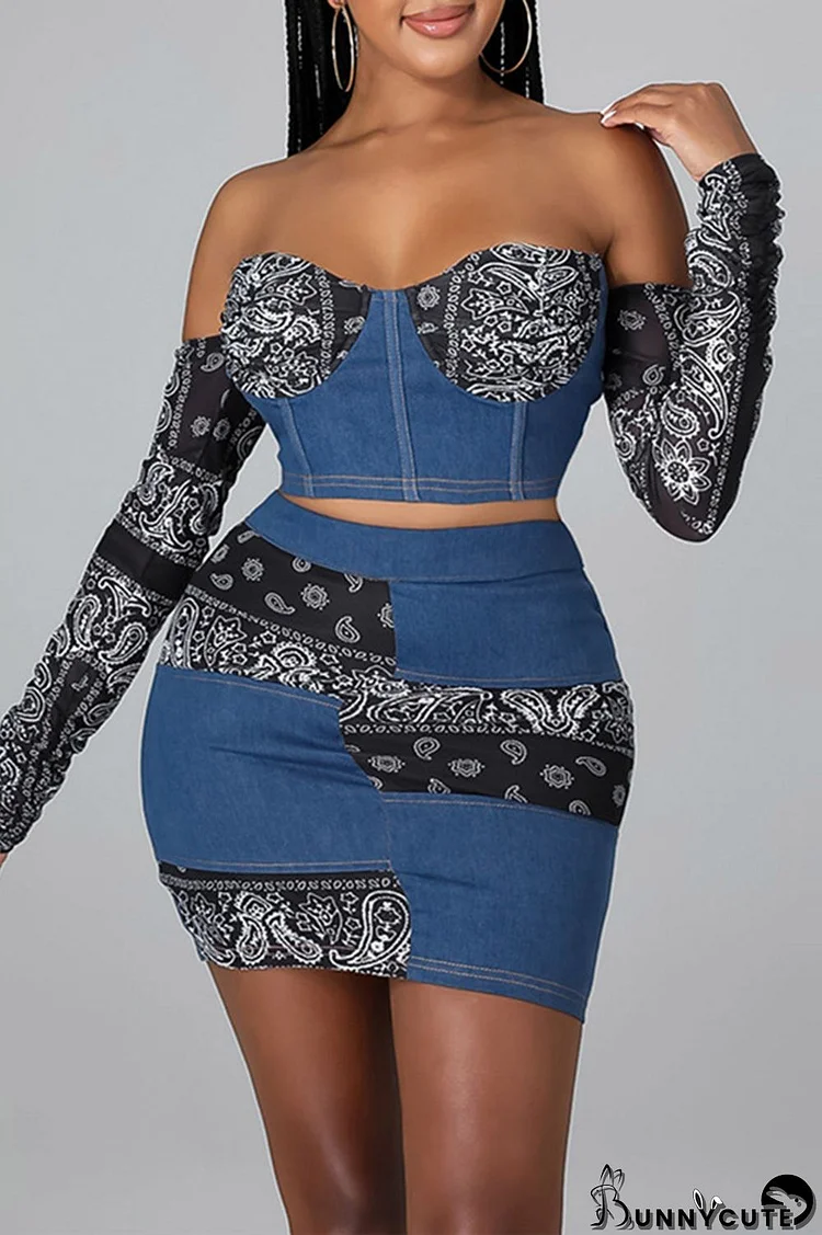 Blue Fashion Sexy Patchwork Print Backless Off the Shoulder Long Sleeve Two Pieces