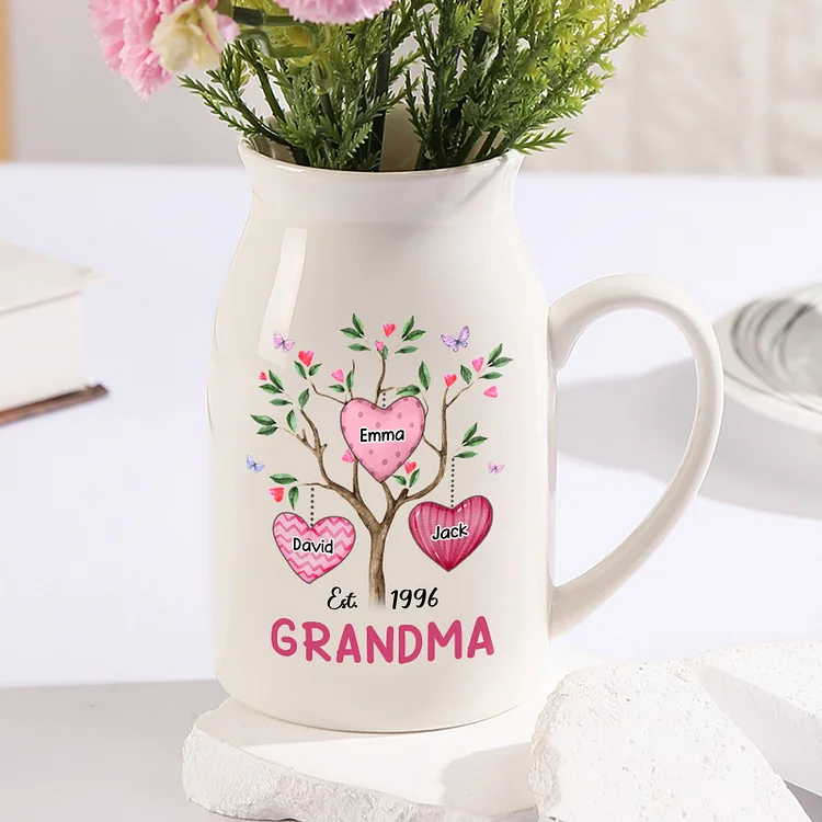 Pink Family Tree Vase Personalized Ceramic Flower Vase Custom 3 Names Gift Grandma