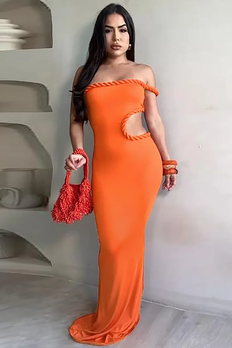Braided Trim Boat Neck Strapless Cutout Bodycon Plain Maxi Dresses-Orange