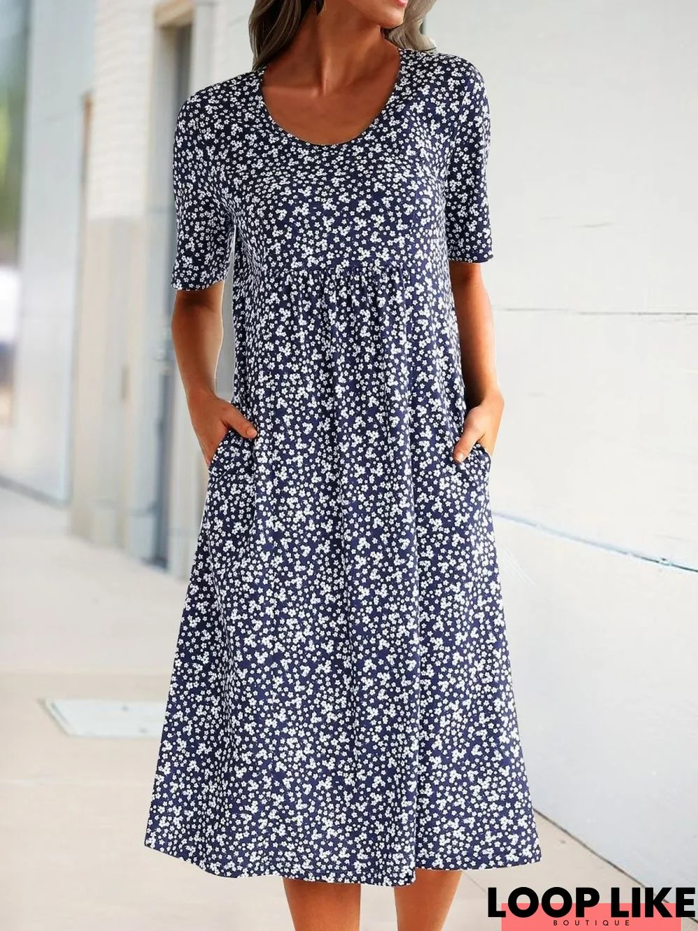 Navy Blue Short Sleeve Shift Floral-Print Causal Dress