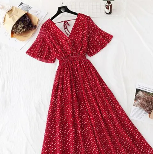 2020 Slim V Neck Summer Midi Long Dress Vestido Party Short sleeve Chiffon dress Women Casual Elegant print A-Line Vestidos