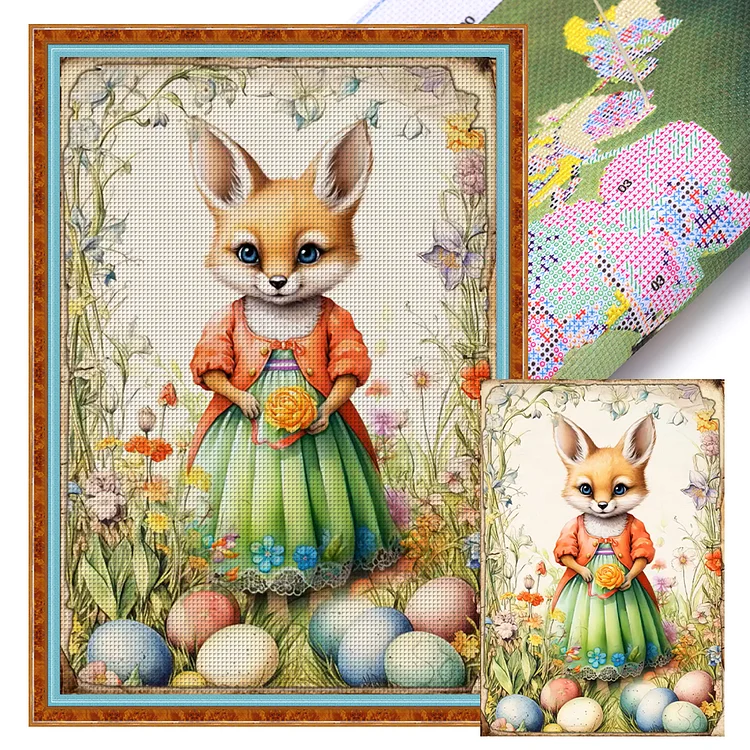 【Huacan Brand】Retro Poster-Easter Egg Fox 11CT Stamped Cross Stitch 40*60CM