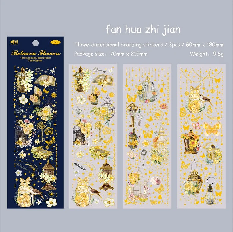 JOURNALSAY 3 Sheets Time Garden Series Waterproof PET Bronzing Plat Stickers Creative DIY Decor Stationery