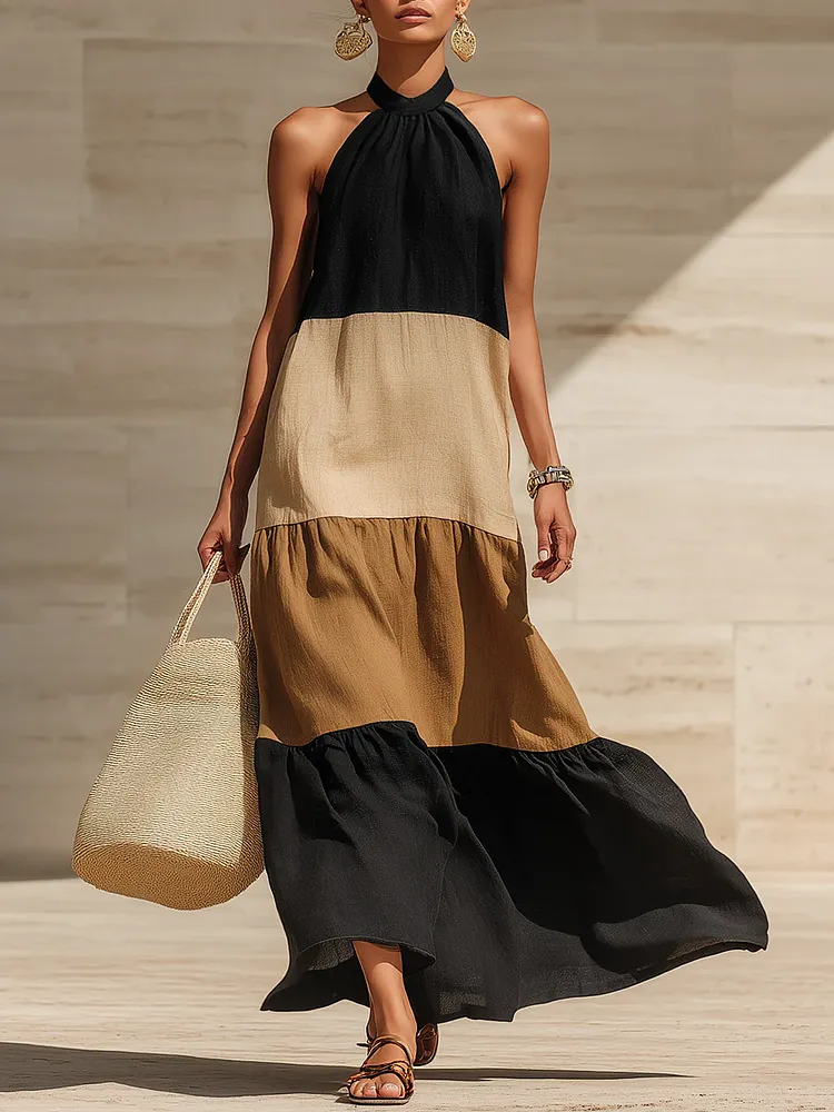 Elegant Artistic Color Blocking Maxi Dress