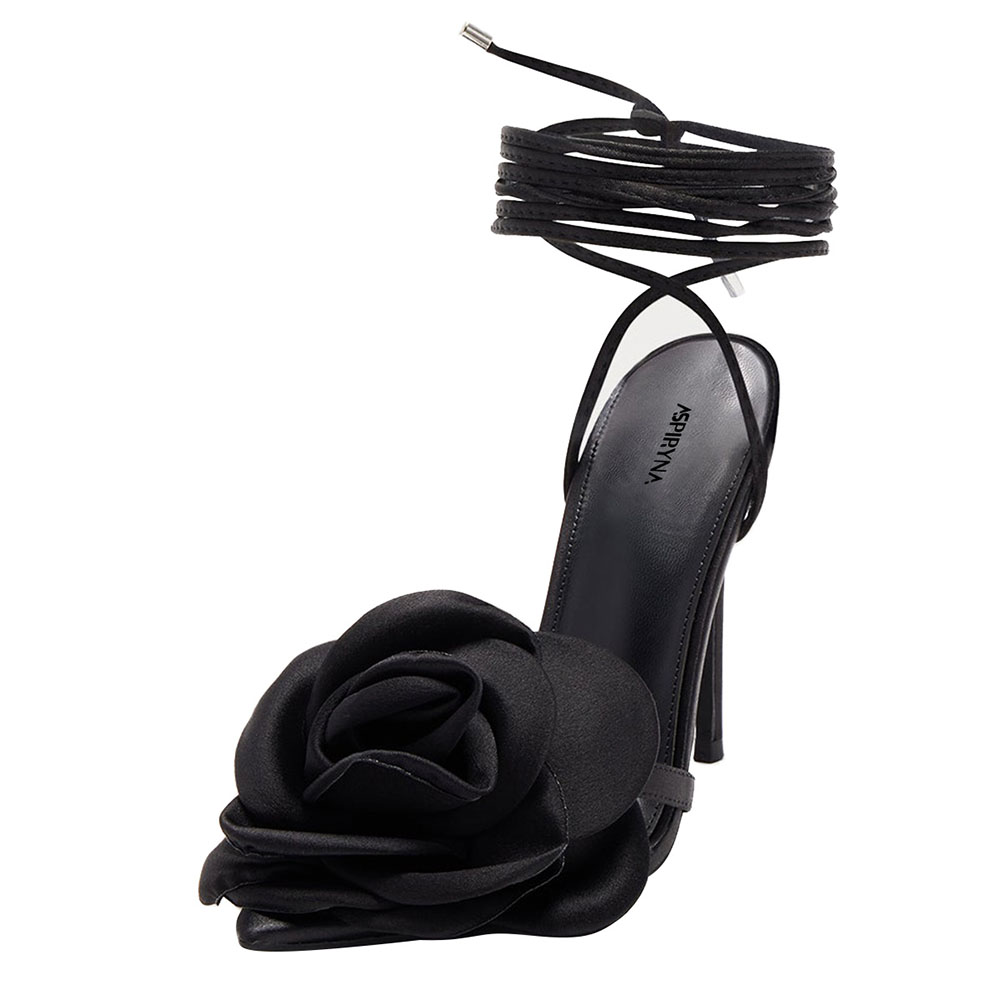 Women's Black Flower Pointed Toe Tie Up Stiletto High Heeled Sandals Nicepairs