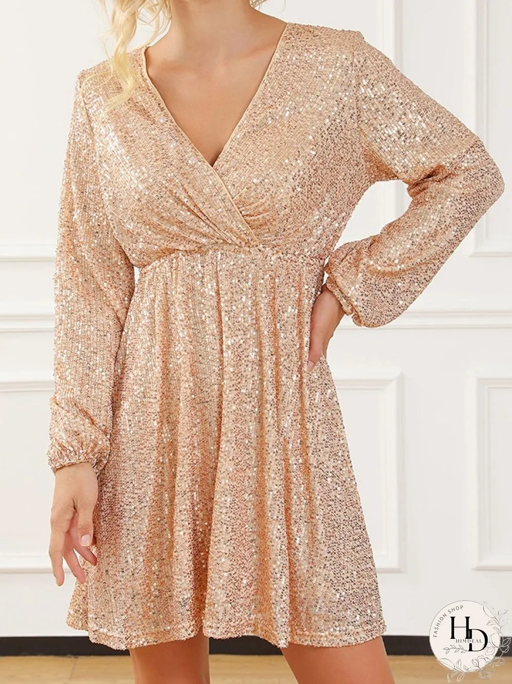 Shimmering Apricot V-neck Sequin Mini Dress
