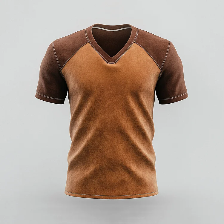 Men's Suede Patchwork Two Tone V Neck Short Sleeve T-Shirt