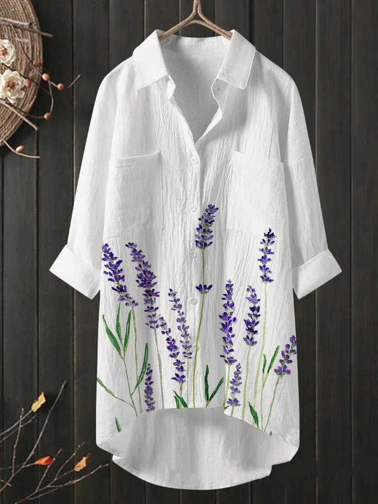 Temperament Lavender Printed Cotton Linen Shirt Loose Shirt Top