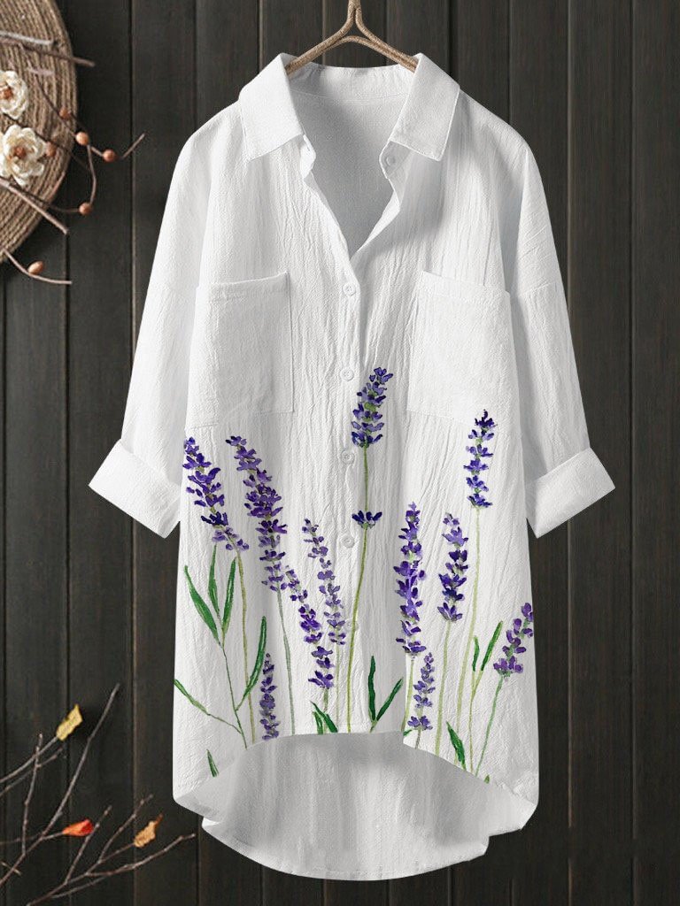 Temperament Lavender Printed Cotton Linen Shirt Loose Shirt Top