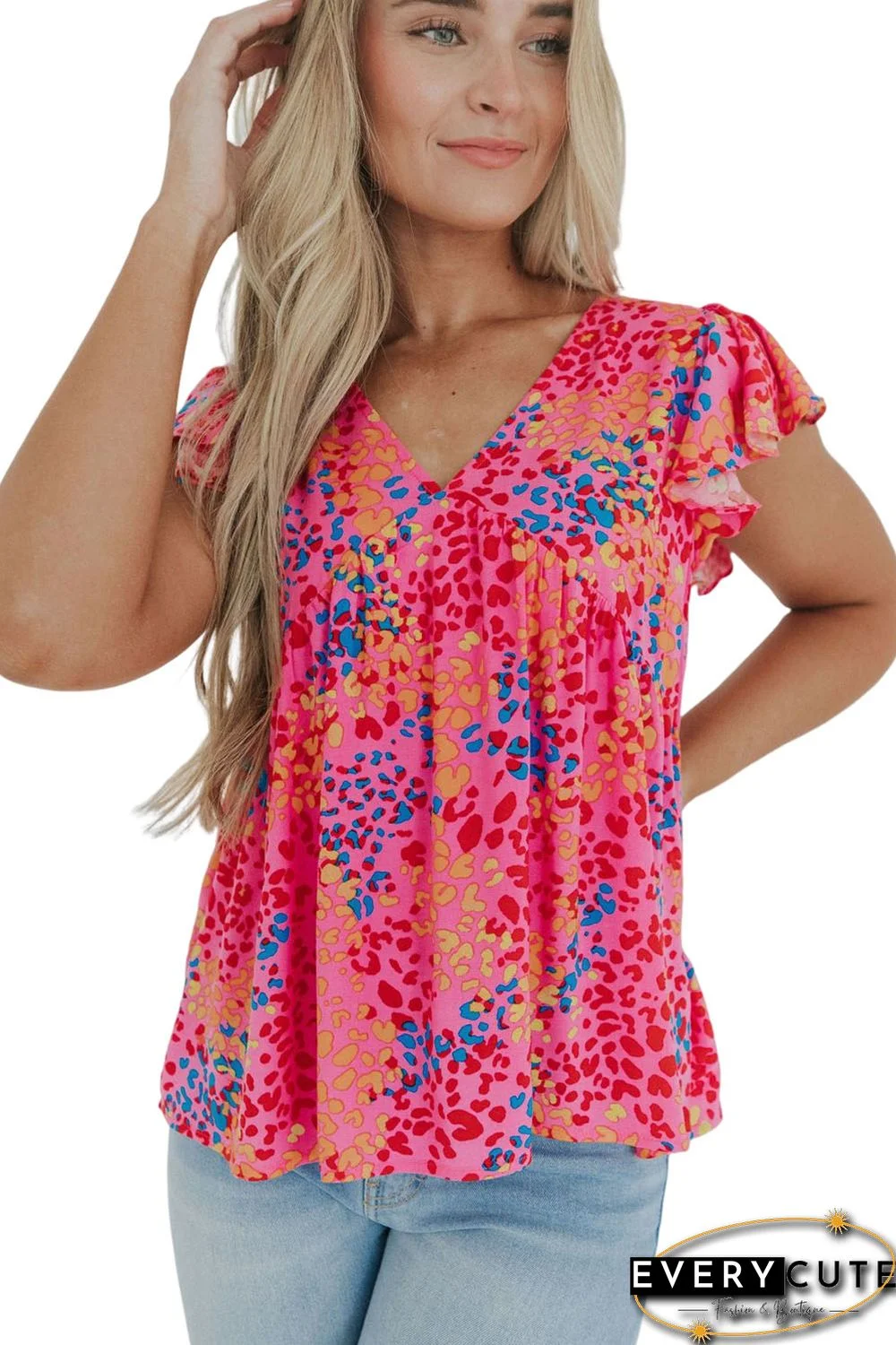Red Leopard Print V Neck Flutter Sleeve Blouse