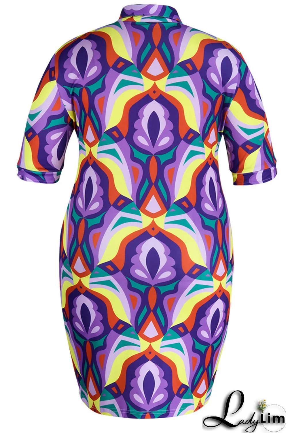 Coffee Casual Print Patchwork Buckle Turndown Collar Shirt Dress Plus Size Dresses