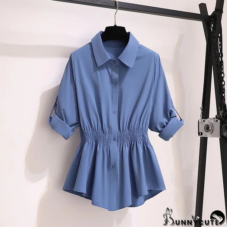 Pure Color Lapel Chiffon Shirt Flared Split Pants