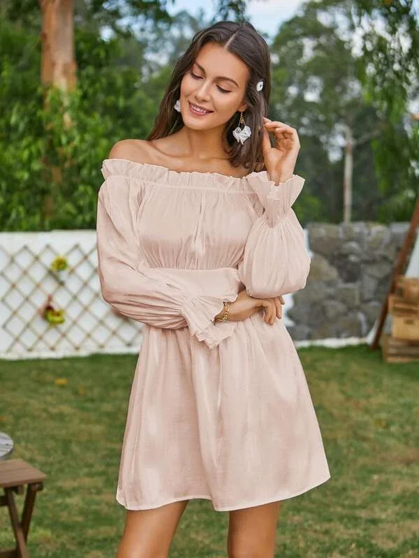 Double Crazy Frill Off Shoulder Silky Dress