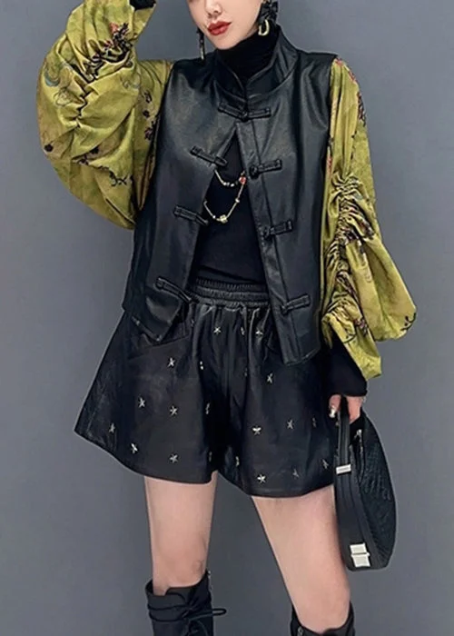 New Black Print Wrinkled Faux Leather Patchwork Coat Fall