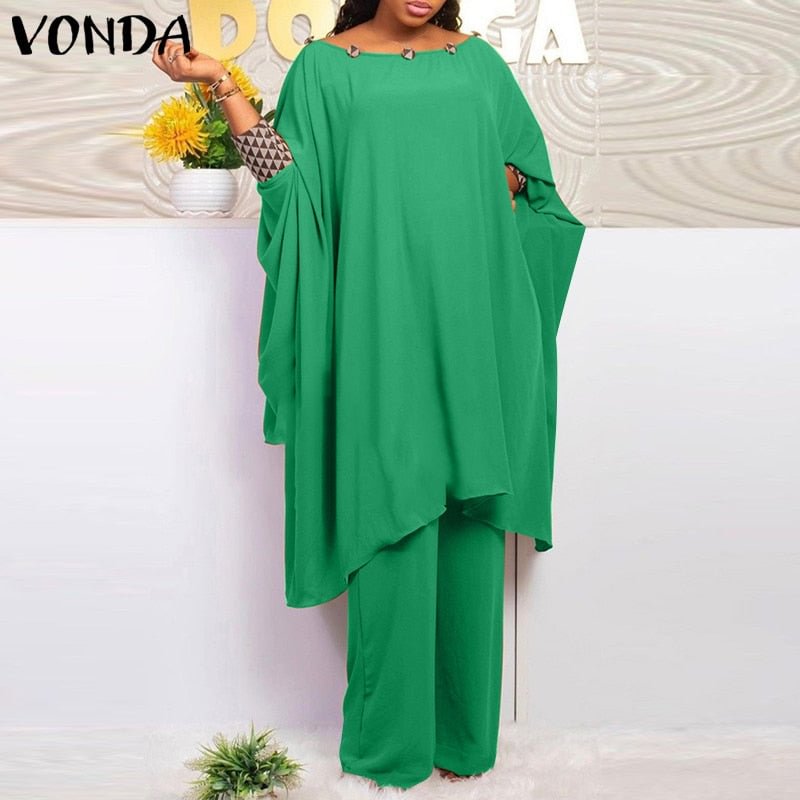 Casual Shirt Set VONDA 2022 Women Y2K Street Wide Leg Long Trousers Palazzo Suit Loose Holiday O-Neck Blouse Pant Set Oversize