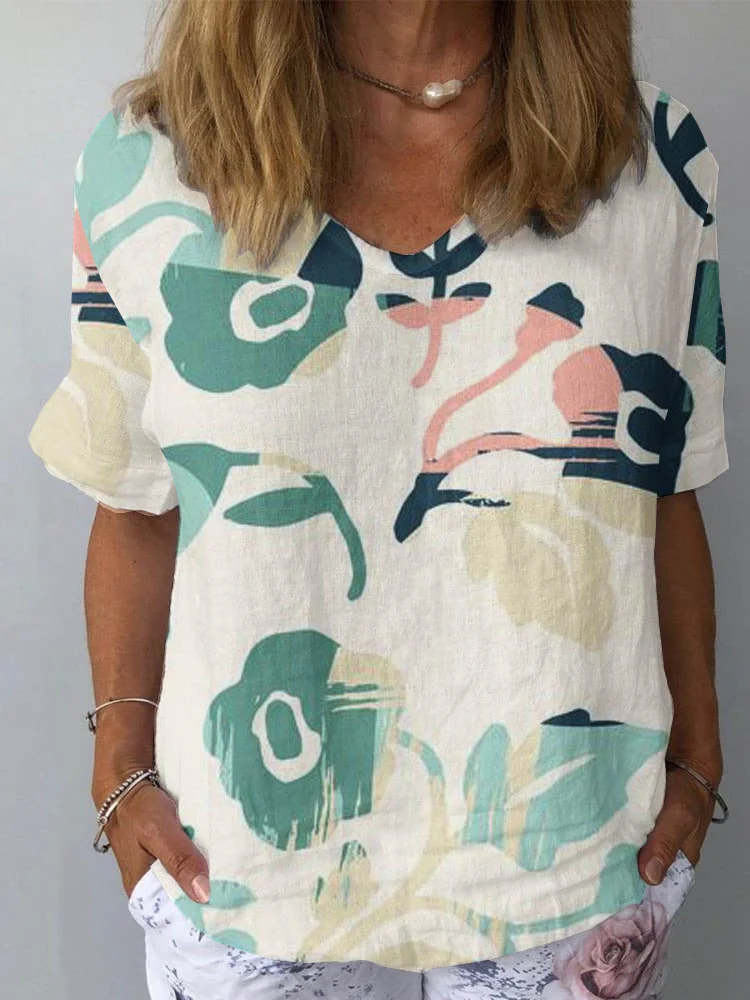 Women's Artistic Floral Pattern Cotton and Linen Short Sleeve Top