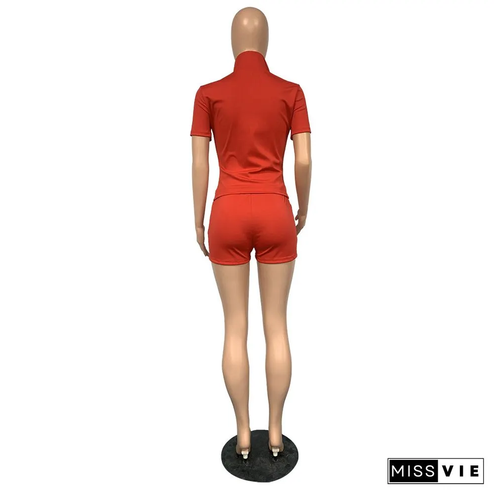 Short Sleeve Zipper Up Top Biker Shorts Tracksuit