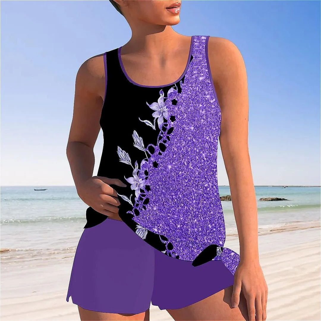 Bowknot Purple,Floral,Glitter Mid Waisted Tankini Set - Plus Size Available