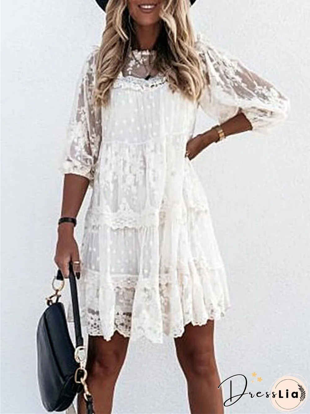 Spring and Summer Solid Lace Patchwork Lace 3 / 4 Sleeve Medium Length Dress