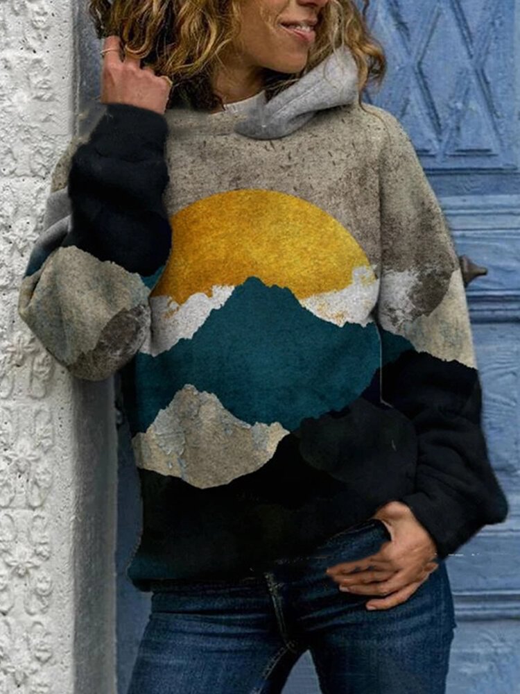 Landscape Print Contrast Color Long Sleeve Casual Hoodie For Women - Shop Trendy Women's Fashion | TeeYours