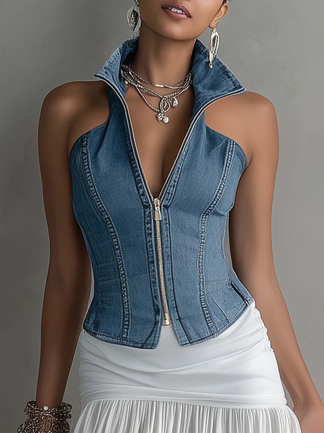 Urban Plain Zipper Shawl Collar Denim Top mysite idetrend