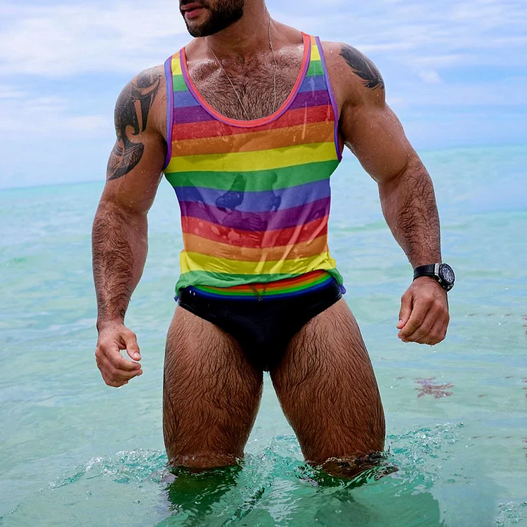 BrosWear Men'S Rainbow Contrasting Stripes Printed Tank Top