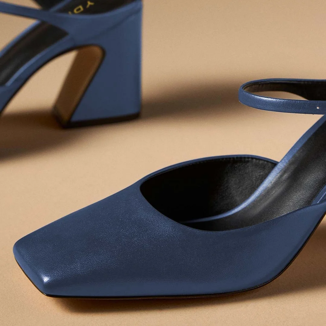 Shiny Dark Blue Vegan Leather Square Toe Classy Heel Mary Janes