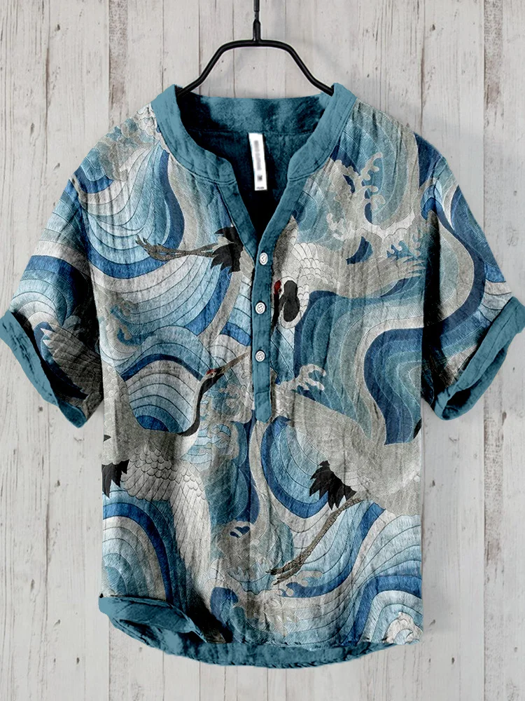 Japanese Cranes Embroidery Art Linen Blend Shirt