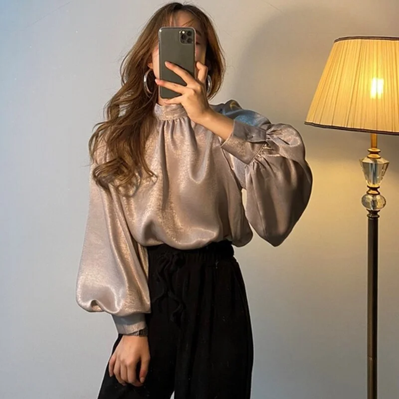 New Korean Fashion Smooth Blouse Women Spring Slim Office Lady Elegant Tops Lantern Sleeve Solid Stand Collar Shirt Blusas 12944