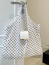 Polka Dot Nylon Storage Shoulder Bag with Key Ring Expandable Keychain Tote Bag Large Capacity Stylish Foldable Tote Handbag for Shopping Travel Commute