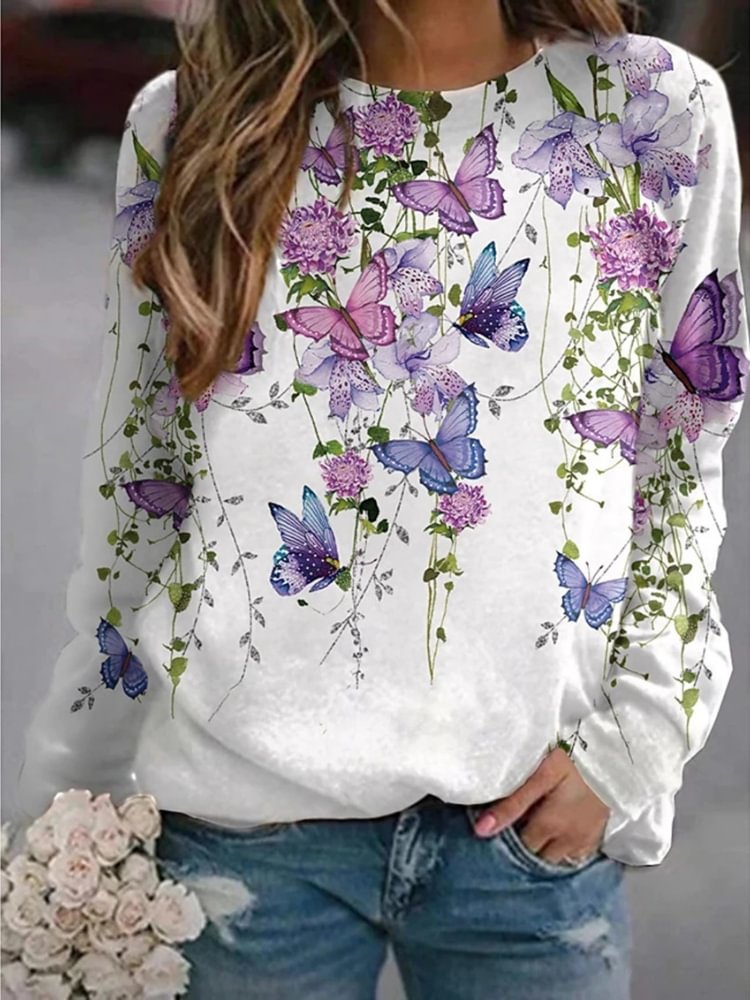 Artwishers Elegant Butterfly Floral Print Sweatshirt