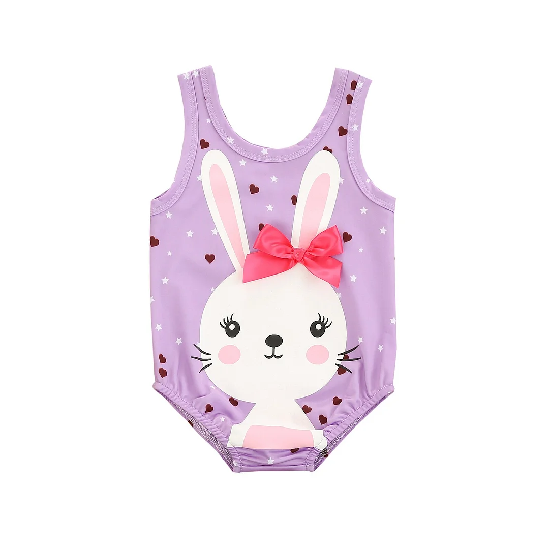 Infant Baby Girl Swimsuit, Cartoon Bunny Print Sleeveless Bodysuit One-piece Suit for Vacation Swimming Beach Bathing Suit