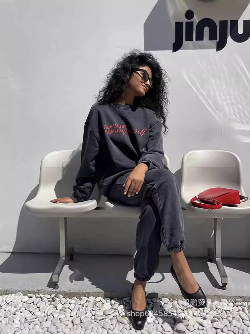 Athvotar Athvotar Autumn And Winter New Cotton Printing To Make Old Top + Pants Simple Letter Velvet Loose Knitting Set