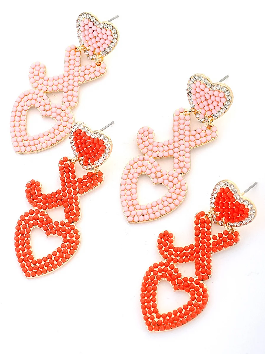 Women's Beaded Heart Shape Valentines Cute Drop Earrings