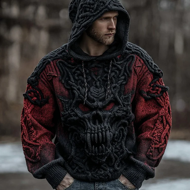 Men's Viking Celtic Dragon Skull Jacquard Gradient Art Knitted Hooded Sweater