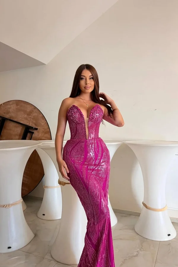 Miabel Stunning Fuchsia V Neck Sequins Sleeveless Beaded Sweetheart Prom Dress   
