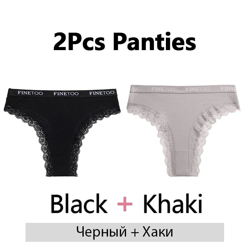 FINETOO 2Pcs/Set Cotton Panties for Women Sexy Ladies Lace G-string Solid Color Thongs Girls Plus Size M-2XL Underwear Lingerie