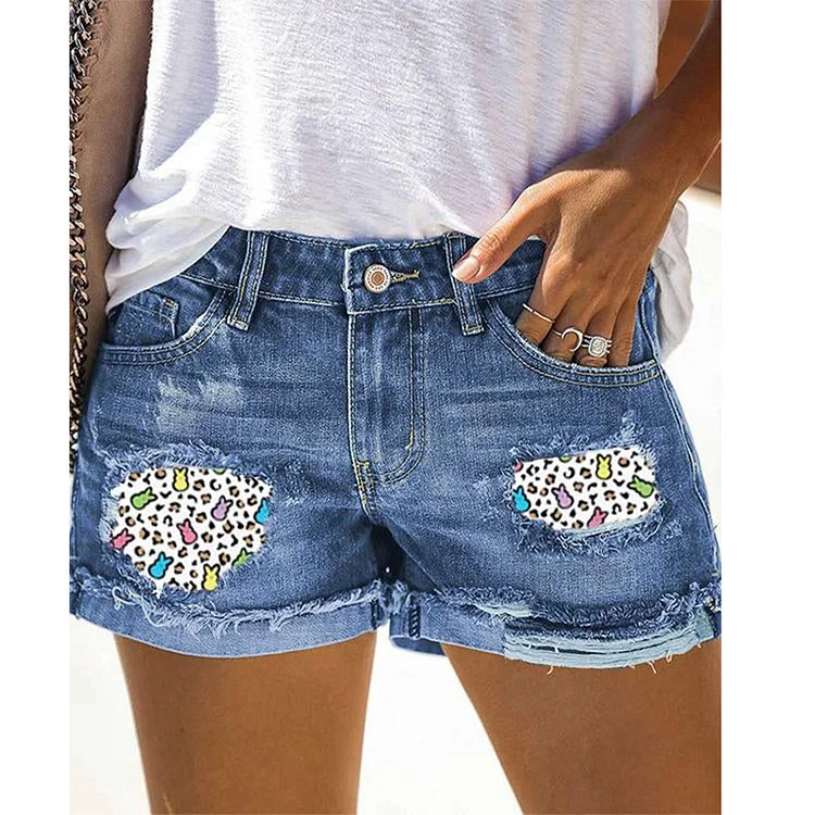 Printed Cuffed Ripped Denim Shorts