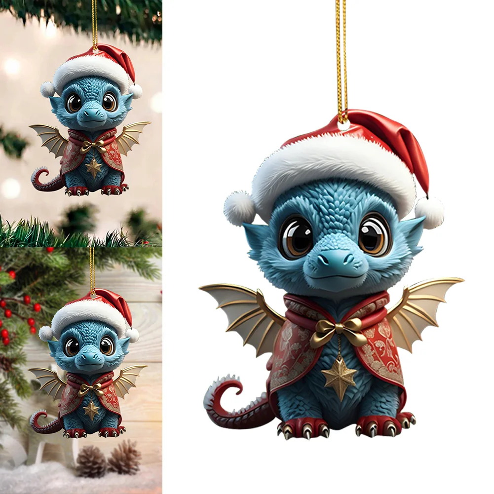 2D Christmas Baby Dragon Decor Cute 8cm Flat Acrylic Hanging Ornament Party Gift