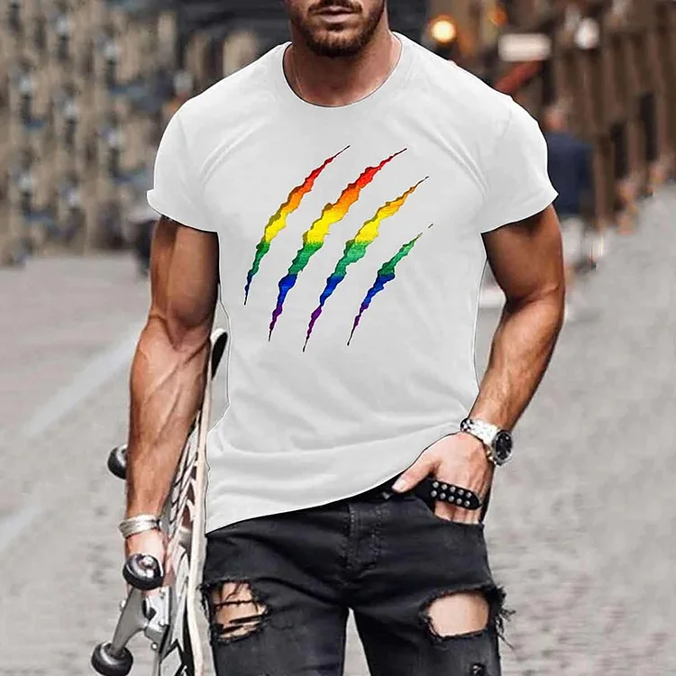 BrosWear Men'S Rainbow Ripped Print Short Sleeve T Shirt