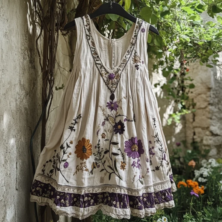 Vintage Embroidered Floral Art Linen Dress