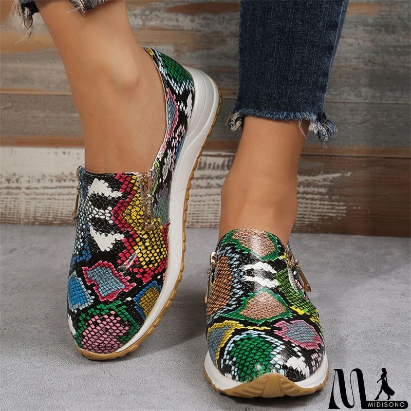 MidiSono - Distinctive Multi-color Snake Pattern Thick Heels Female Loafers