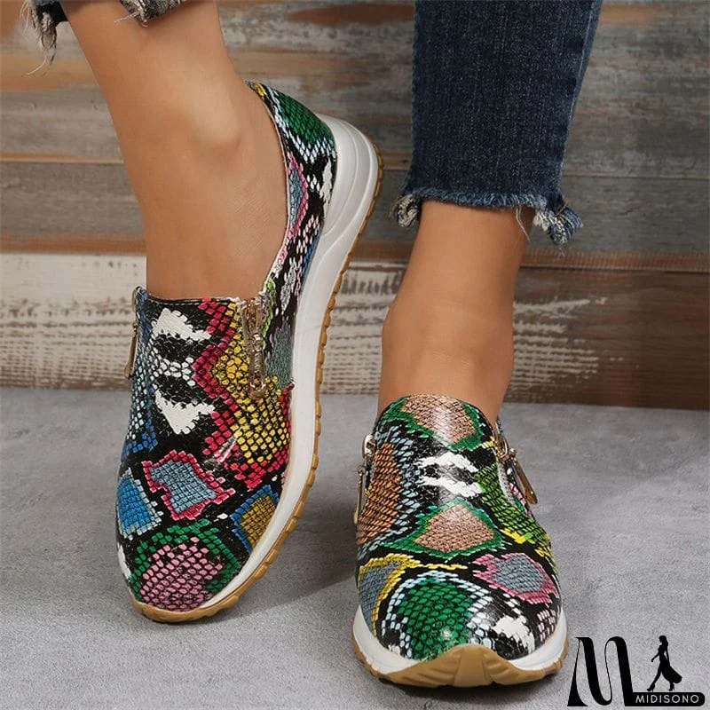 MidiSono - Distinctive Multi-color Snake Pattern Thick Heels Female Loafers