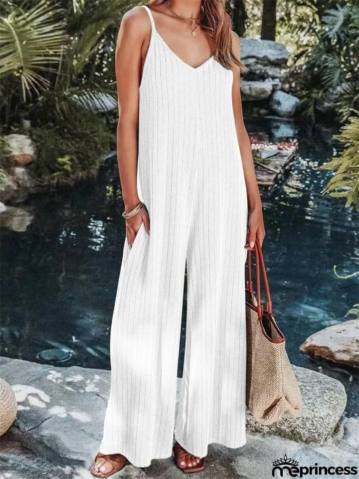 Vacation V Neck Backless Elegant Straight Leg Jumpsuit for Lady