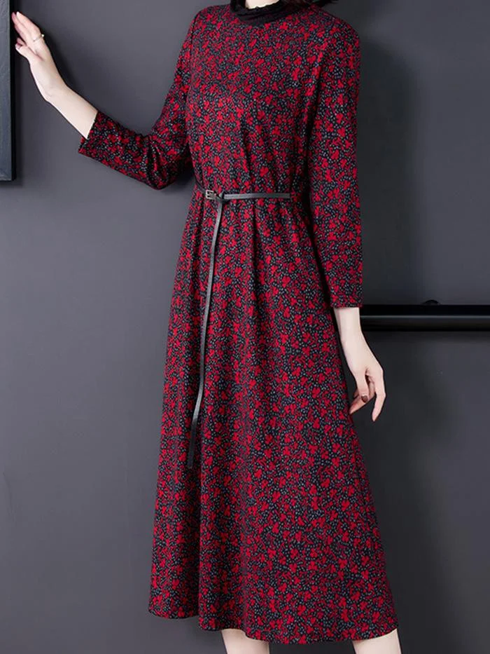 Fashion Floral Knit Mid-length Dress