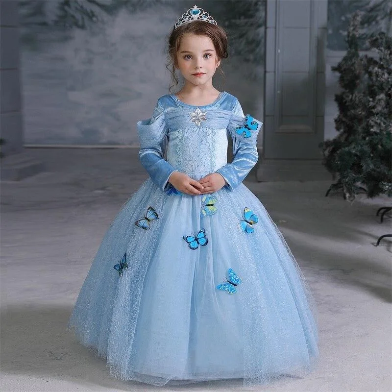 Long Sleeve Girls Christmas Dress Princess Dress up Halloween Party Gown Cartoon Character Cosplay Costume for Kids Children