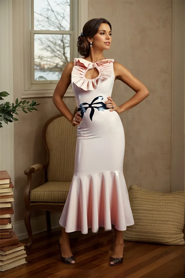 Women Latex Dress Elegant Baby Pink Mermaid Cutout Dress Ruffled Collar